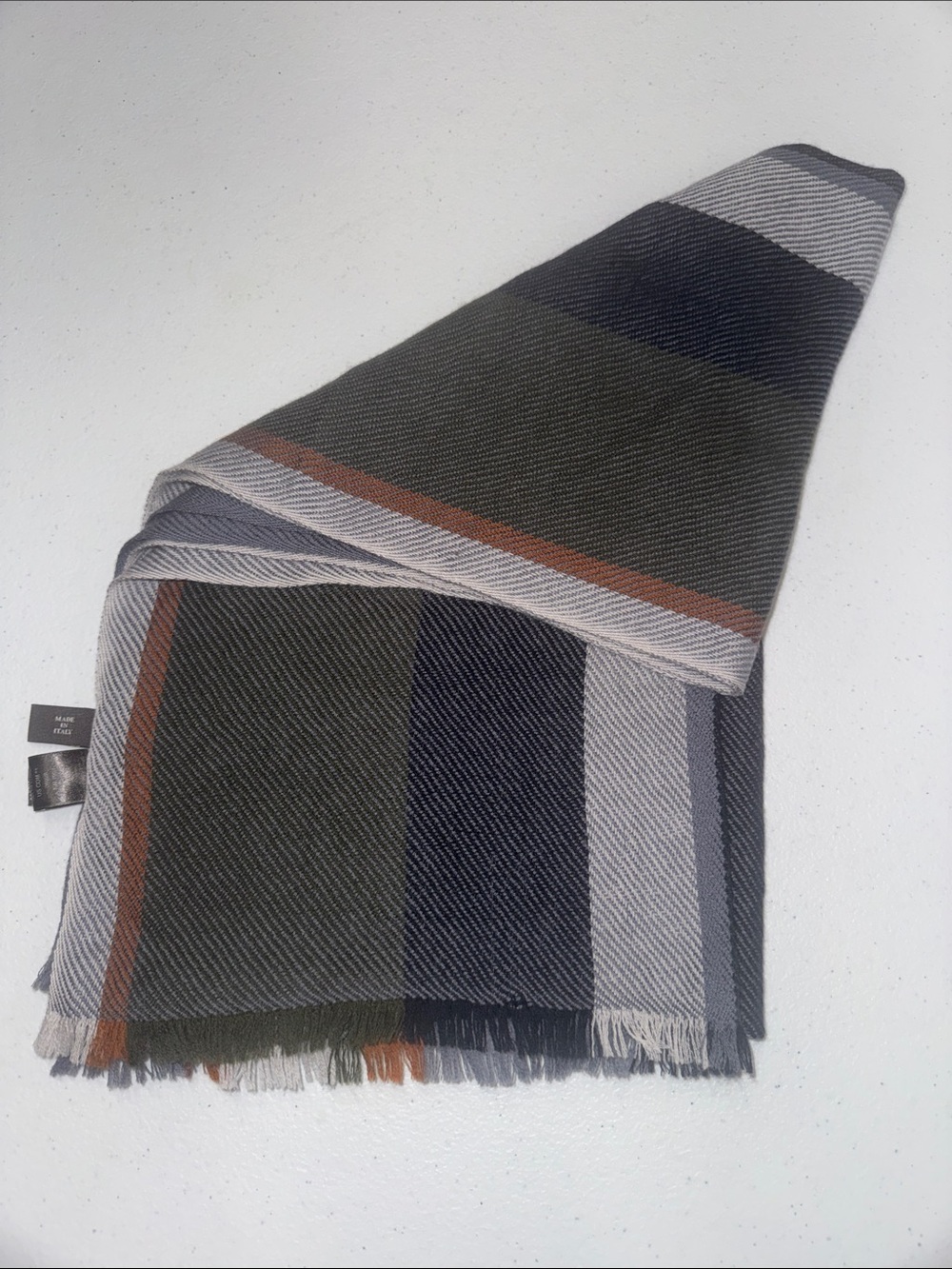 Loro Piana 100% cashmere Olive, Navy & Gray Striped Men's Scarf with Rust Accent